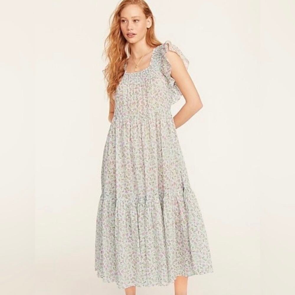 NWT J. Crew Smocked Flutter Sleeve Dress Cloud Meadow Floral BF191 S